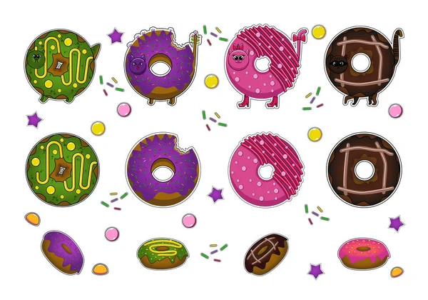 Aufkleber Illustration Von Donuts Form Von Emoji Katzen — Stockvektor