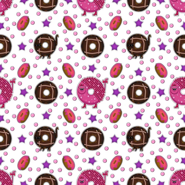 Rosa Schokoladenmuster Mit Donuts Und Donuts Form Von Katzen — Stockvektor
