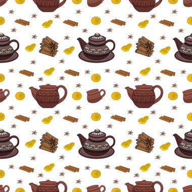 Çay tatili için çaydanlık, bardak, limon ve tarçın desenli.. 