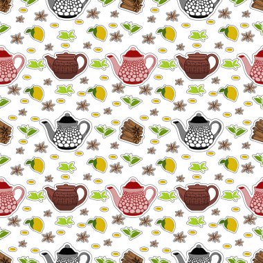 Çay tatili için çaydanlık, bardak, limon, tarçın ve baharat desenleri..