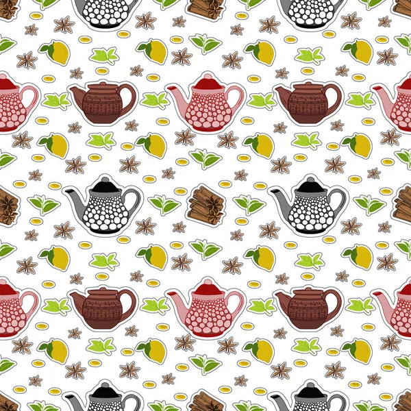 Pattern Teapots Cups Lemon Cinnamon Spices Tea Holiday — Stock Photo, Image