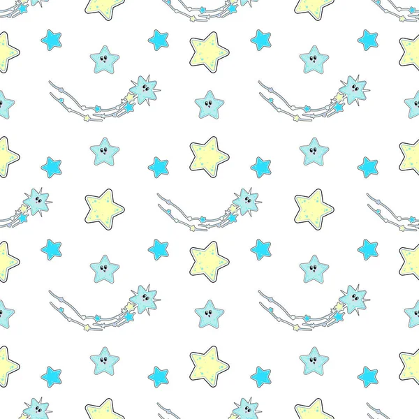 Padrão Vetor Infantil Bonito Com Risadas Estrelas Azuis Estrelas Amarelas —  Vetores de Stock