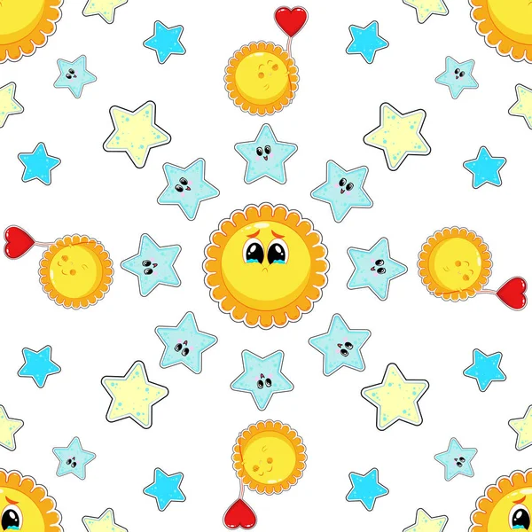 かわいい子供の心を持つ太陽 泣く太陽 星のベクトルパターン — ストック写真