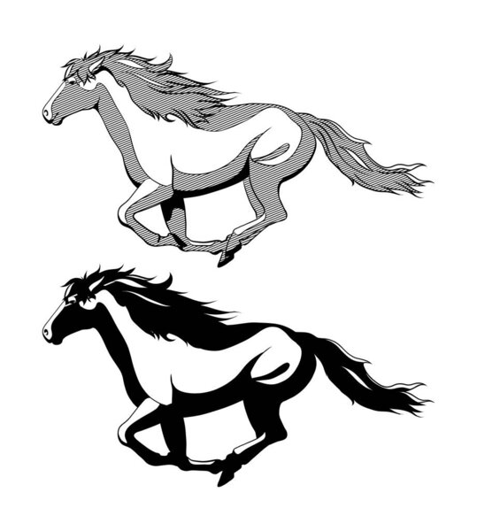 Vector drawing of black and white graphic horses in motion