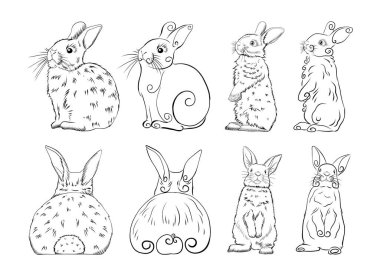 Oturan, ayakta duran tavşanların doğrusal siyah beyaz çizimi