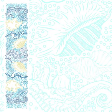 Vektör denizi, yosunlu okyanus dekoru, deniz atları, deniz kabukları, hava kabarcıkları.