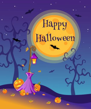 Cadılar Bayramı için balkabakları, süpürgeleri, tilkileri olan taşıyıcı festival posteri.