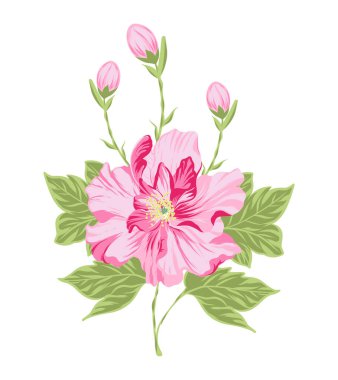 Yeşil yapraklı pembe gülün vektör çizimi