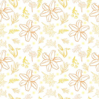 Sarı desenli, turuncu çiçekli, dallı, yapraklı