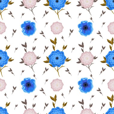 Vektör çiçek çizimi, bej ve mavi çiçekli desen