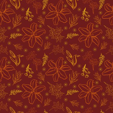 Çiçek vektör çizimi, desen, yapraklar ve zambaklar