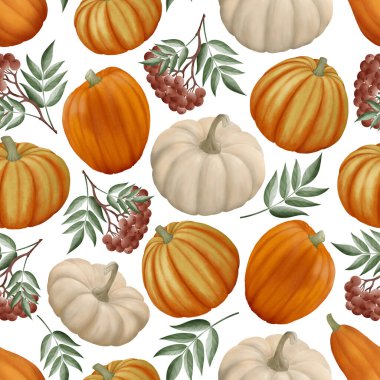 Beyaz arkaplanda kırmızı böğürtlen ve balkabağı desenli suluboya deseni baskı, kartpostal, dcor, arka plan, web etiketleri için desen.