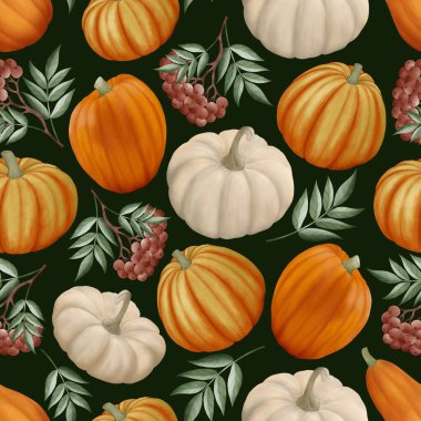 Balkabakları ve rowan berries ile suluboya desen. Baskı, kartpostal, dcor, arka plan, etiketler, web için desen