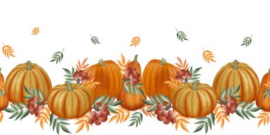 Balkabakları ve rowan berries ile suluboya sonbahar sınırı. Yazdırma, kartpostal, dcor, özgeçmiş, web etiketleri için sınır.