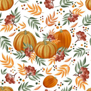 Kabaklı suluboya sonbahar deseni ve rowan berries. Baskı, kartpostal, dcor, arka plan, web etiketleri için desen.