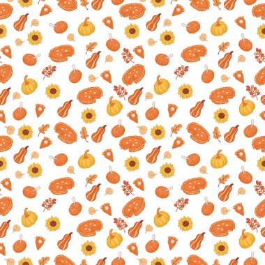 Vektör illüstrasyon, desen, sarı balkabakları, turtalar, balkabağı tüyleri