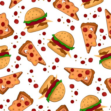 Hamburger ve pizzayla suluboya desen. Yazdırma, silme, dekorasyon, arkaplan, etiketler, web için desen