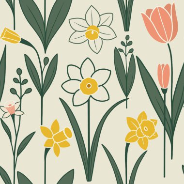 Bahar bahçesi çiçekleri ve yumuşak tonlarda botanik desenli güzel bir el çizimi. Ev dekorasyonu, kırtasiye, ambalaj veya grafik tasarım için mükemmel.