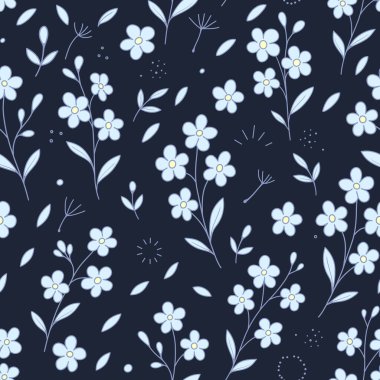 Hassas bir yaz şablonu ve koyu arkaplanda mavi çiçekler. Yumuşak tonlarda botanik baskısı. Ev dekorasyonu, kırtasiye, ambalaj veya grafik tasarım için mükemmel