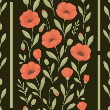 Arka planda haşhaş desenli yaz çiçekleri. Yumuşak tonlarda botanik izleri. Ev dekorasyonu, kırtasiye, ambalaj veya grafik tasarım için mükemmel.