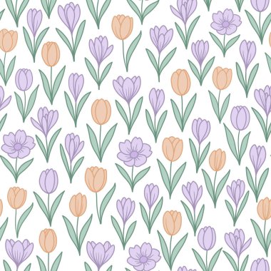 Sarı ve mor laleli desen. Şablon zarif bir taslak şeklinde yapılmış. Geçmiş, tekstil, ambalaj ve ev eşyaları için evrensel.