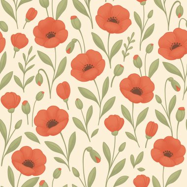 Haşhaş çiçekleriyle yaz mevsiminde. Şablon zarif bir düz stil ile yapılır. Özgeçmiş, tekstil, ambalaj ve ev eşyaları için evrensel.