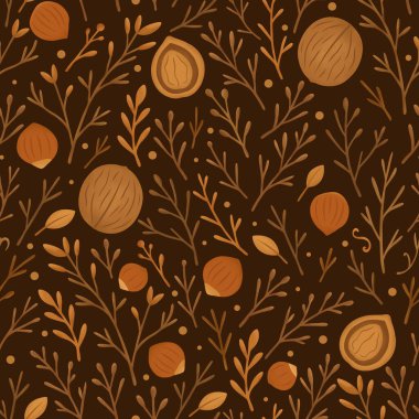 Arka planda fındık ve kuru dallarla sonbahar deseni. Yumuşak tonlarda botanik baskısı. Ev dekorasyonu, kırtasiye, ambalaj veya grafik tasarım için mükemmel.