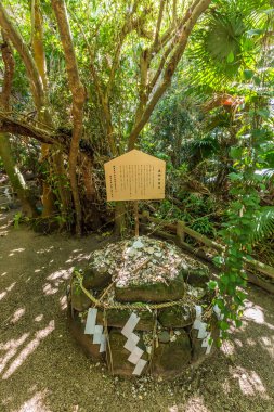 Aoshima, JAPONYA - 27 Ağustos 2015 'te insanlar Aoshima Adası' ndaki bir tapınağa kil tabağı attılar.