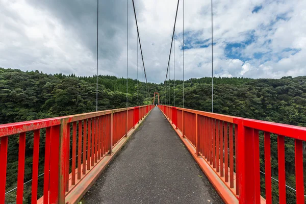 Long Red Bridge Forest Cloudy Sky Background Kamikawa Otaki Waterfall — Stock Photo, Image