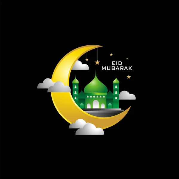 Eid Mubarak Vektor Design Mit Moschee Hintergrund Grün Und Gold — Stockvektor