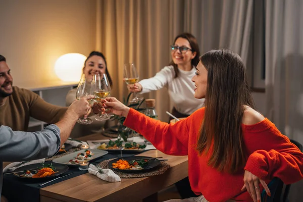 Friends Toasting Home Dinner Party — Stock Photo, Image