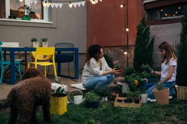 İki arkadaş bahçe için bitki seçiyor.