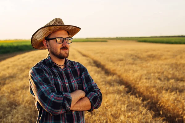 Agricultor Orgulhosamente Uma Olhada Seu Campo — Fotografia de Stock