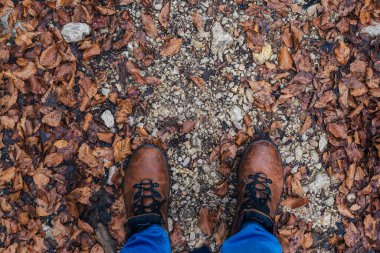 Sonbahar yapraklarıyla çakıllı deri çizmeler.