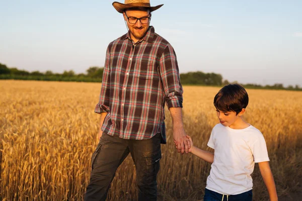 Father and son hold hands and walk next to the wheat field