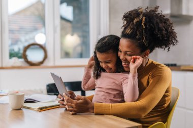 Anne ve kızı birlikte görüntülü görüşme yapıyorlar.