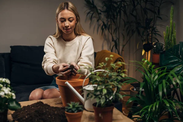 stock image Florist puts soil in the flowerpot