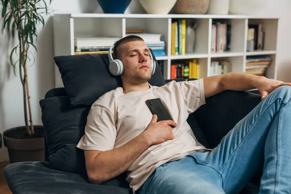 Attractive Caucasian Man Fell Asleep While Listening Music — Stock Photo, Image