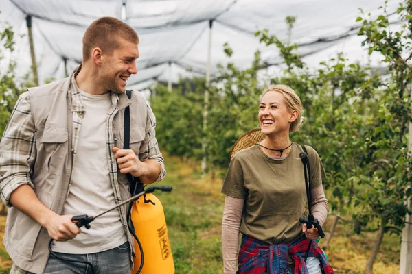 Närbild Två Glada Människor Som Arbetar Fruktträdgård Tillsammans — Stockfoto