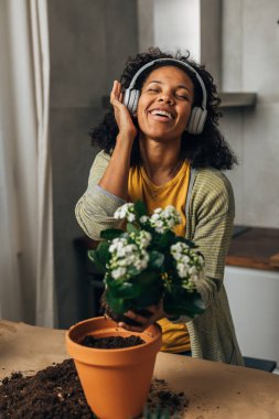 Neşeli bir kadın saksı kurarken müzik dinler.