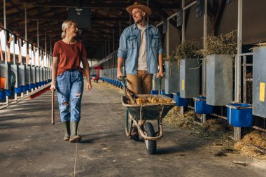 Hayvan çiftliğindeki işçiler tezgahta bir at arabası ve temizlik için büyük bir fırçayla yürüyorlar..