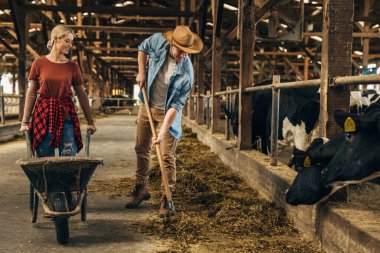 İki kişi birlikte ahırı temizliyor..