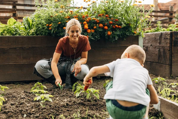 stock image Happy mother watches her son helping her with the vegetable garden.