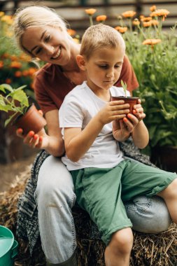 Küçük çocuk bitkilerin nasıl büyüdüğünü öğrenmek istiyor..