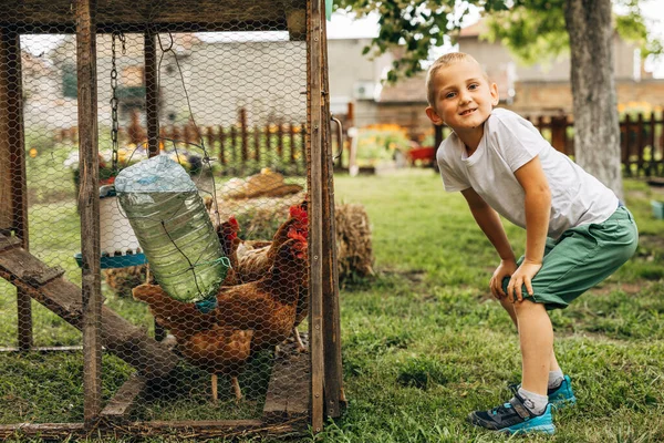 Young Boy Stands Next Chicken Coop Looks Camera — Stock Photo, Image