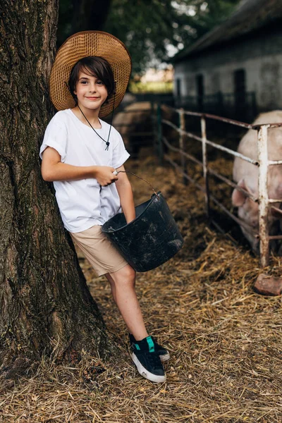 Cute Young Caucasian Boy Animal Farm — Stock Photo, Image