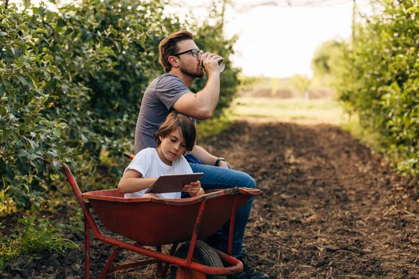 Father and son sitting on a cart and resting together in the orchard.