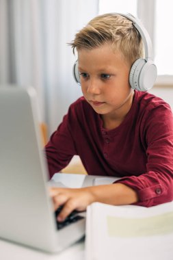 Genç çocuk dizüstü bilgisayarında araştırma yapıyor..