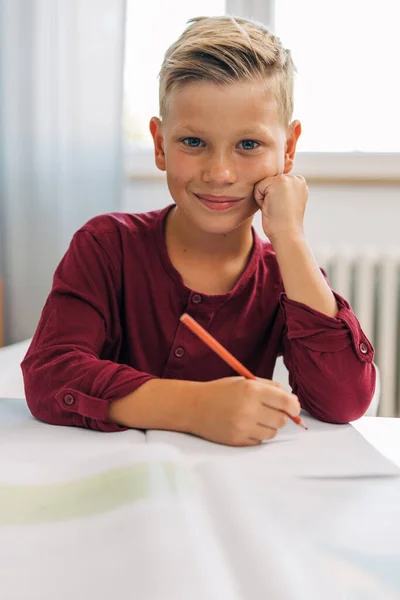 Frontansicht Eines Jungen Der Seine Hausaufgaben Macht — Stockfoto