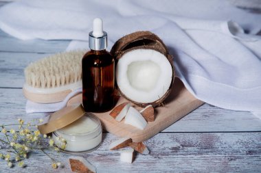 body care items. Solid coconut oil and body essence. Organic coconut products for spa, cosmetic or food ingredients